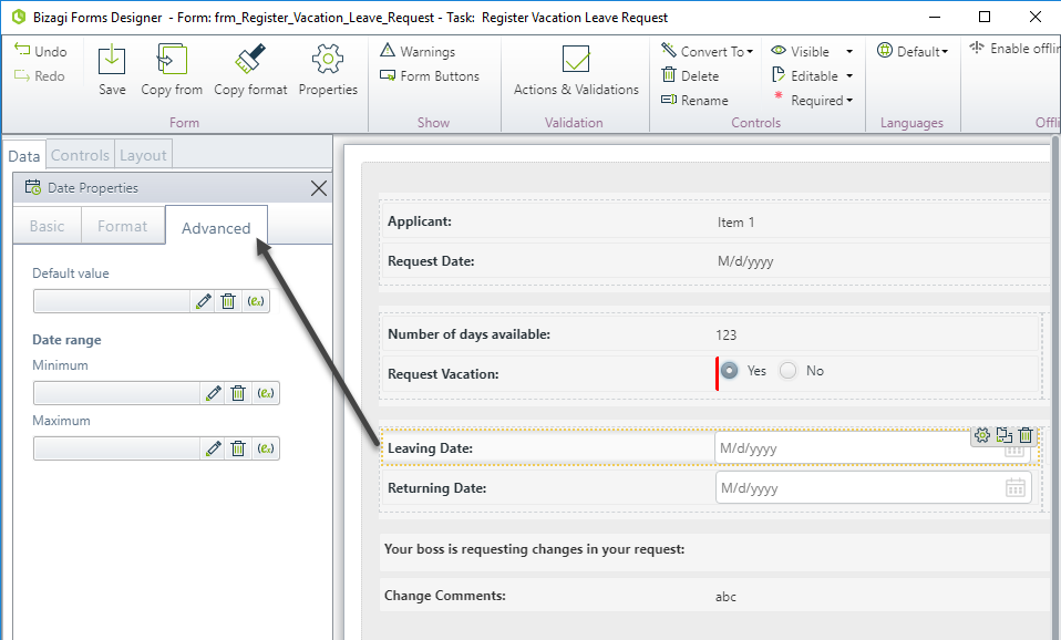 Leaving Date Control Properties