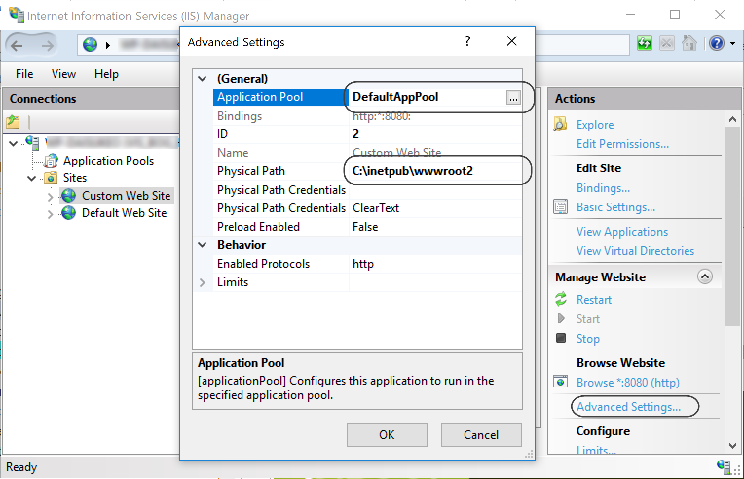 IIS Advanced Settings