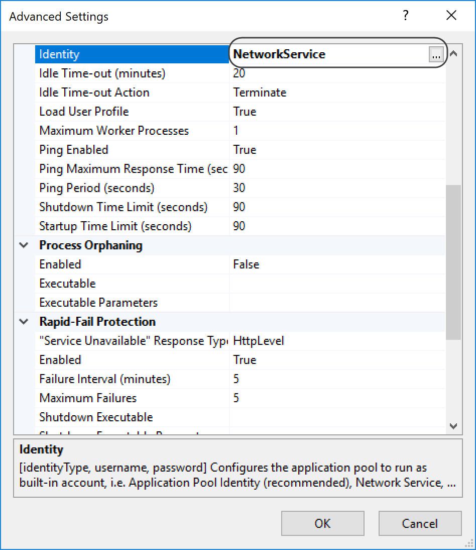IIS Application Pool Identity Settings