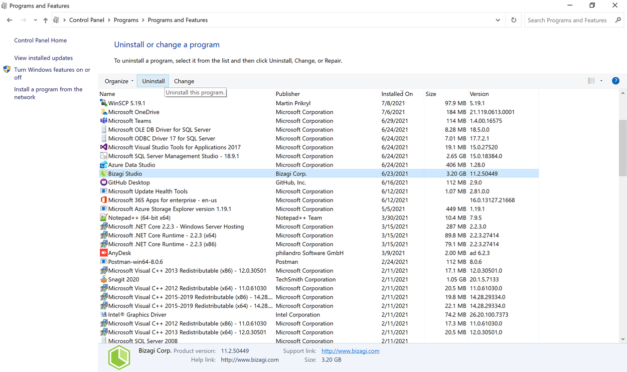 Uninstall Bizagi Studio