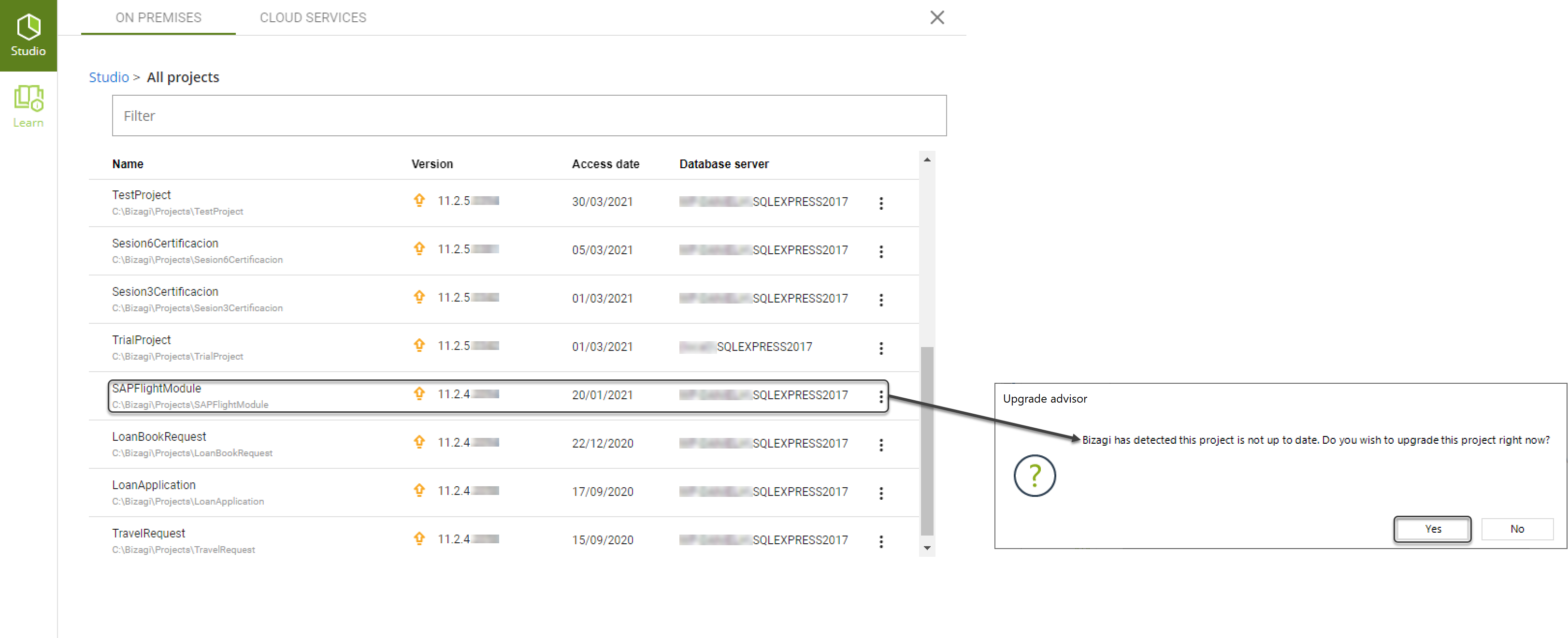 Upgrade Project Warning
